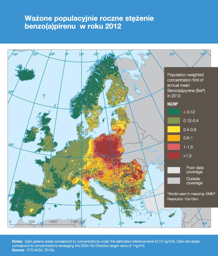 Stężenie benzo(a)pirenu w Europie na rok 2012 ( fot. Polski Alarm Smogowy)